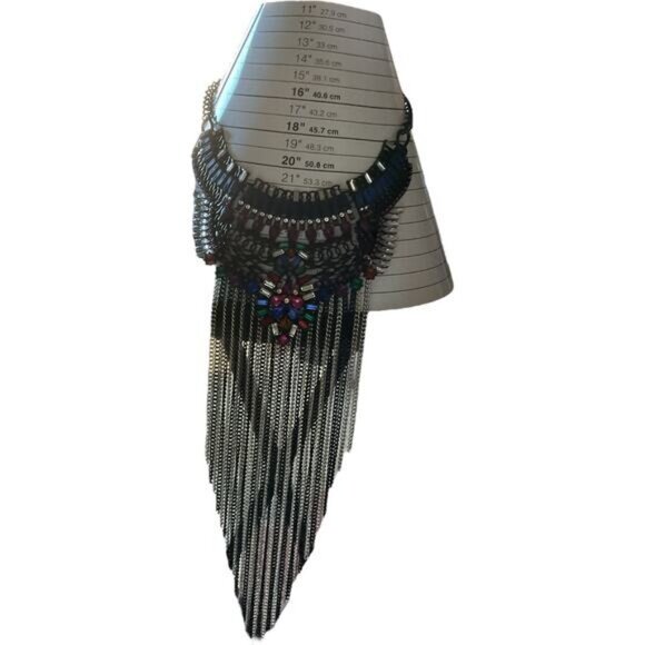 Bold Statement Multicolor Jewel & Chain Fringe Necklace - Picture 2 of 4